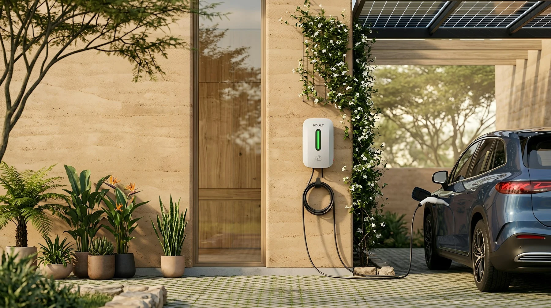 Imagem ilustrativa de um veículo em carregamento junto a uma casa com cobertura solar.